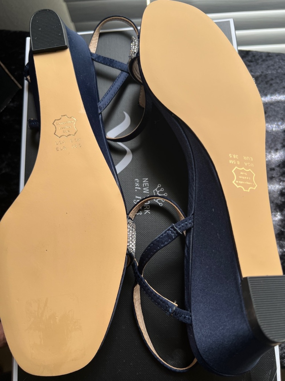 Nina Navy Satin Evening Sandals with Rhinestone Accent